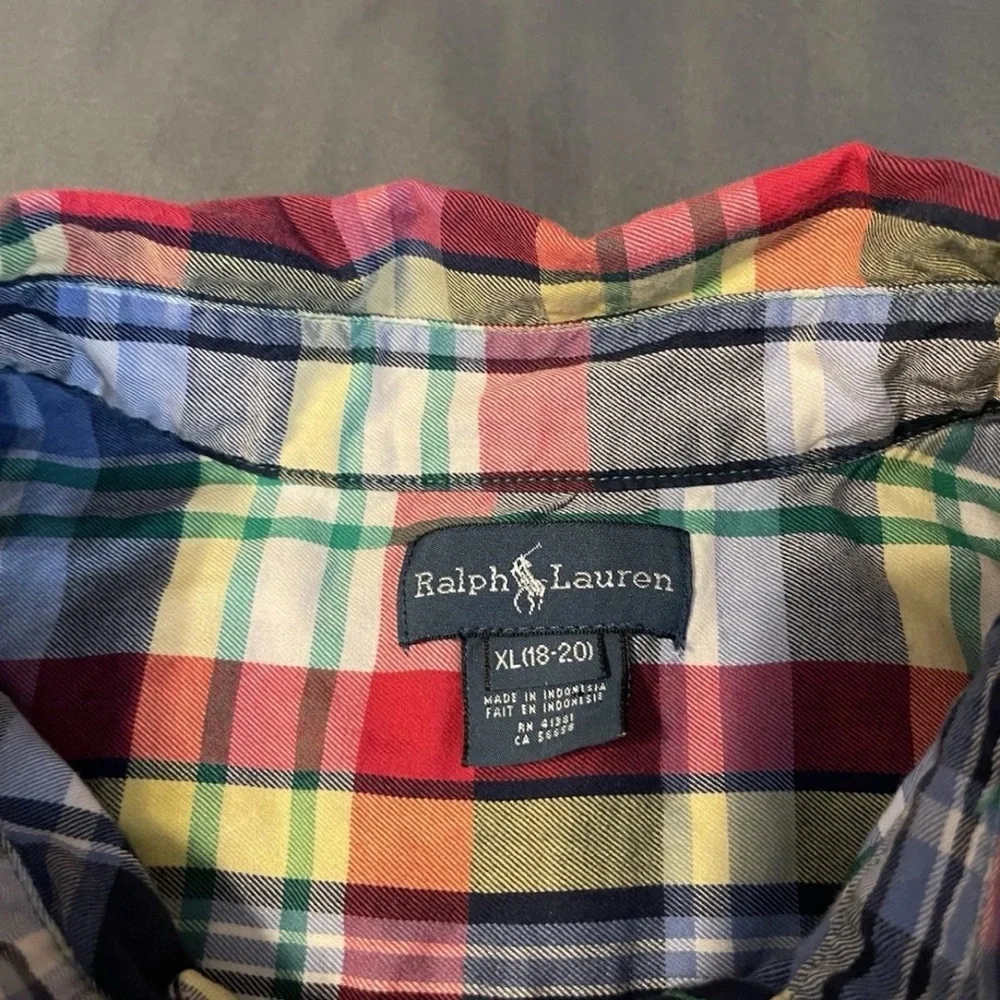 Ralph Lauren Plaid Shirt Boys XL (18-20) Blue Red Short Sleeve Button Down